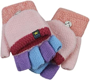 Cartoon Convertible Flip Top Gloves Toddler Kids Winter Wool Knit Fingerless Gloves with Mitten Cover for Girls Boys 2-15 Yrs