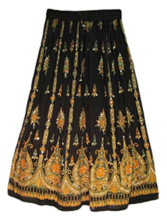 Yoga Trendz Womens Indian Sequin Crinkle Broomstick Gypsy Long Skirt