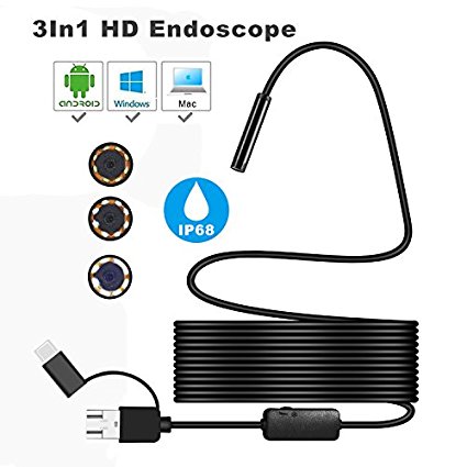 USB Borescope 3 in 1 Semi-rigid Type C Endoscope Inspection Camera IP68 Waterproof Snake Camera with 8 Adjustable LED for Android, Windows & Macbook OS Computer,16.5FT(5M) - Skybasic