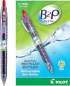 PILOT B2P - Bottle to Pen Refillable & Retractable Rolling Ball Gel Pen Made From Recycled Bottles, Fine Point, Red G2 Ink, 12-Pack (31602)