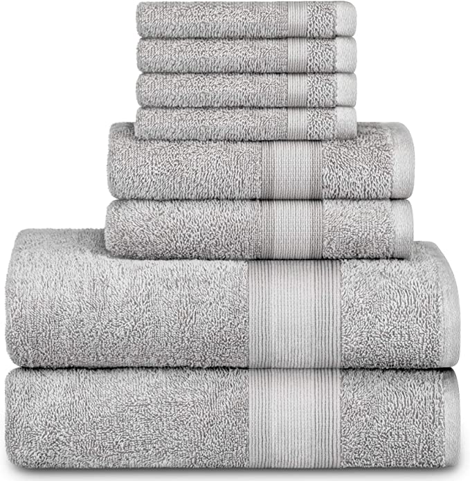 Adobella 8-Piece Bath Towel Set, Premium Combed Cotton, Highly Absorbent, Super Soft, Quick Dry, 2 Bath Towels, 2 Hand Towels and 4 Washcloths, Light Gray (Set of 8)