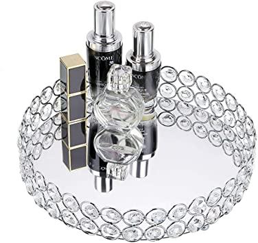 Hipiwe Crystal Make up Tray, Mirror Perfume Tray Bathroom Storage Tray Jewelry Trinket Tray Vanity Cosmetic Organizer Tray Home Decor Tray, Birthday Gift for Women and Girls (Round 9.8 Inch)