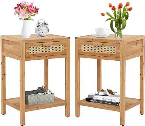 NightStands Modern Wood End Tables - Side Tables Set of 2 with Woven Pattern Drawer and Shelf Storage