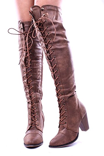 Lolli Couture Women's Faux Leather Lace-up Long Combat Style Over-the-Knee Chunky Heel Long Boots
