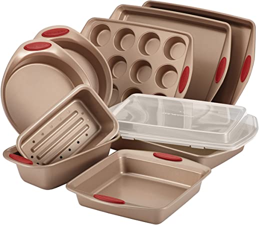 Rachael Ray 10-Piece Cucina Nonstick Bakeware Set, Latte Brown with Cranberry Red Handle