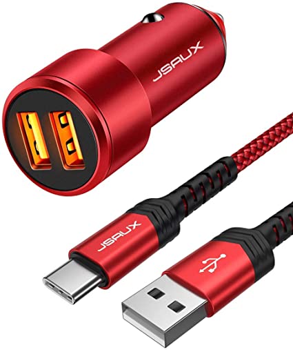 JSAUX USB-C to USB-A Cable (2 Pack, Red)   Car Charger Dual USB-A Ports (Red)