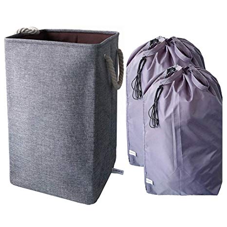 UniLiGis 25.6" Collapsible Large Laundry Hamper with 2 Detachable Laundry Bag (Square Base),Foldable Dirty Clothes Hamper Organizer for Dorm Room,Cotton&Linen (Grey)