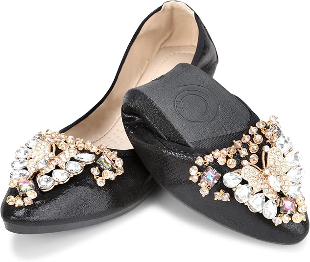 KUNWFNIX Women Ballet Flats Rhinestone Wedding Ballerina Shoes Foldable Sparkly Comfort Slip on Flat Shoes