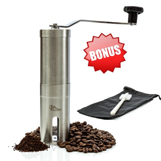 Burr Manual Coffee Grinder Conical Stainless Steel Mill - Bonus Carry Bag and Brush Aeropress Compatible