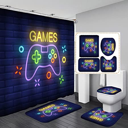 CERYUEE Gamer Shower Curtain Set with Rugs for Bathroom Decor Video Gamepad Blue Bath Curtains Bathroom Set 72x72 inch