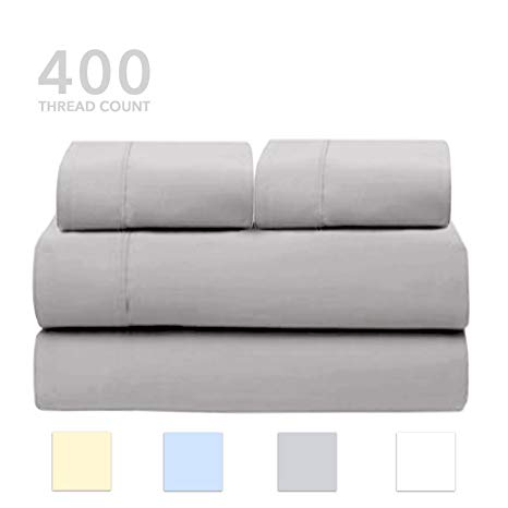 SanCozy 400 Thread Count Sheet Set, 4 Piece Set, 100% Premium Cotton, King Size,Light Grey,Sateen Weave Bedsheet, Breathable, Fits up to 18 inches deep mattresses