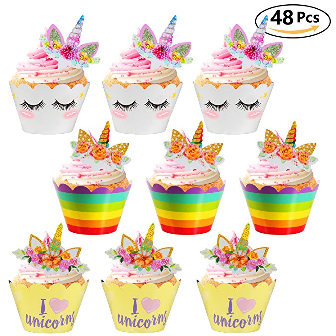 Unicorn Cake Toppers Set Double Sided Rainbow Horn Cupcake Toppers Wrappers for Kids Birthday Party Wedding Supplier Cake Decoration By Mibote - 48 PCS