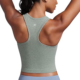 CRZ YOGA Womens Seamless Ribbed Longline High Neck Sports Bra - Racerback Padded Slim Fit Crop Tank Top with Built in Bra