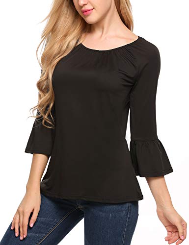 Beyove Women's Casual Scoop Neck Pleated Front Blouse 3/4 Bell Sleeve Top Tunic Shirt