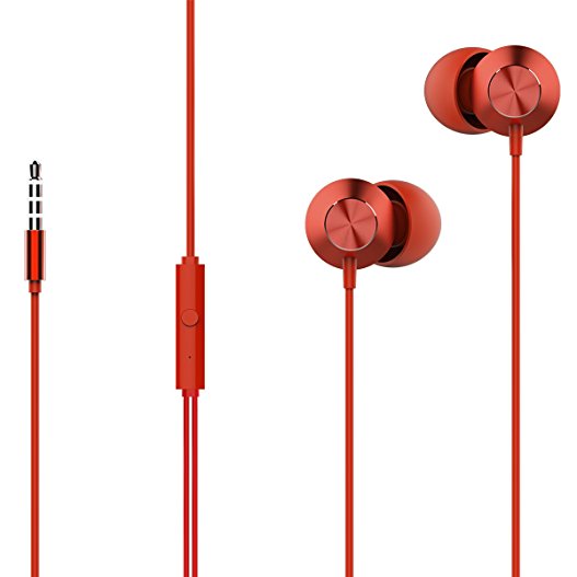 Earbuds,ROCK SPACE Stereo Noise Cancelling in-ear Headphones Metal Earphones Built in Mic Compatible for Apple iOS and Android Phones (Mufree-Red)