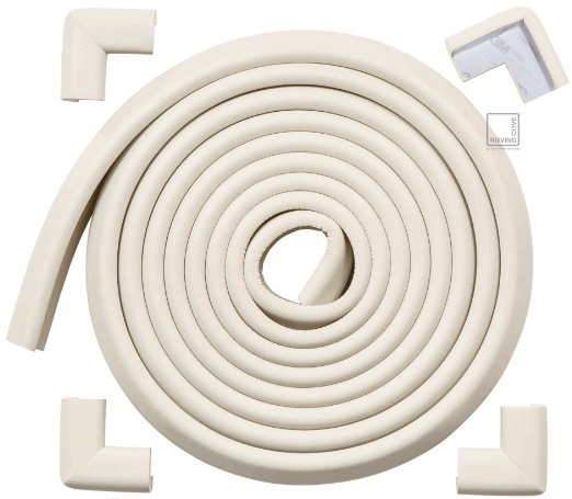 Roving Cove® 16.2 ft (15ft Edge   4 Corners) 'Safe Edge® and Corner Cushion' - Value Pack - OYSTER; Premium Childproofing Edge Corner Guard - PRE-TAPED CORNERS; Child Safety Home Safety Furniture Bumper and Table Edge Corner Protectors