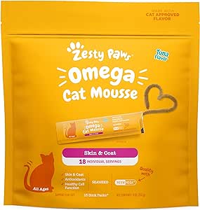 Zesty Paws Omega Cat Mousse Squeezable Cat Treats - with Seaweed, Omega Fatty Acids, Antioxidants Vitamins & Minerals - Skin & Coat Support for Cats - Tuna Fish Flavor - 18 Count