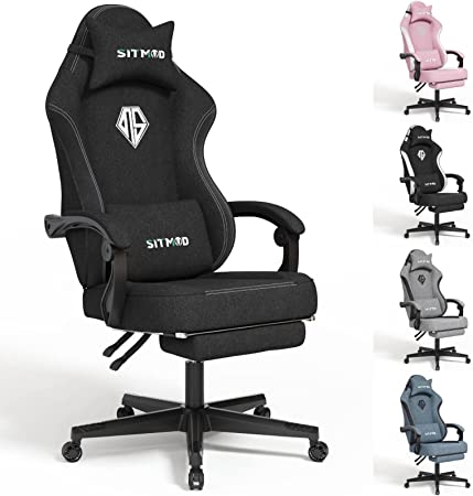 SITMOD Gaming Chair with Footrest-Computer Ergonomic Video Game Chair-Backrest and Seat Height Adjustable Swivel Task Chair for Adults with Lumbar Support(Black)-Fabric