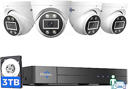 [3TB HDD Vehicle Detect] Hiseeu 4K PoE Security Camera System,8Ports 8MP PoE NVR 16CH Expandable w/4Pcs 5MP PoE Indoor Outdoor Dome Security Camera,2-Way Audio,Motion Alerts,Remote Access,24/7 Record