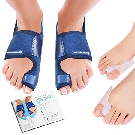 Sports Laboratory ® Bunion Correctors Day & Night Kit, 2X Bunion Splints and 2X Big Toe Gel Straighteners, Free Bunion Relief Guide, Bunion/Hallux Valgus Pain Relief & Protection, Adjustable Size
