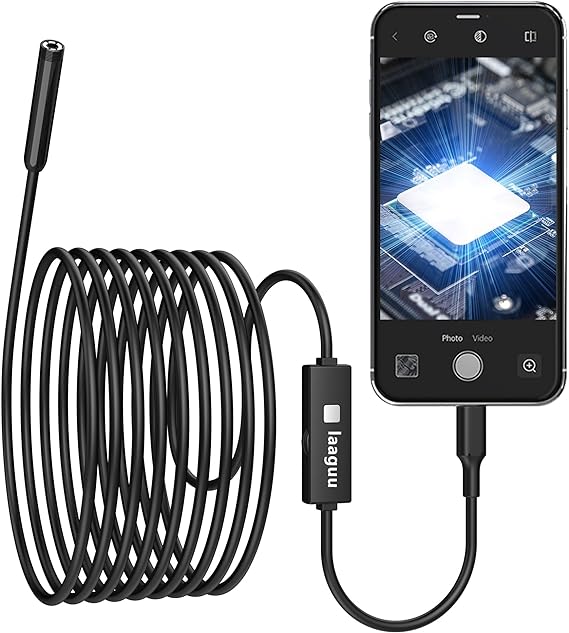 Endoscope for iPhone with 8 LED Lights, 2 Million Pixels Borescope Inspection Snake Camera IP67 Waterproof with 11.48Ft Semi-Rigid Cord, Support iOS 9.0 or Above (Plastic)