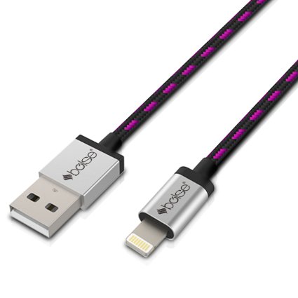 Bolse® [Apple MFi Certified] 6 Feet / 1.8m Extra Long Cloth Jacketed Tangle-Free USB 2.0 A to 8 Pin Apple Lightning Cable for iPhone 6, 5, 5s, iPad 4, iPad mini, iPod nano 7, iPod 5G (Black/Hot Pink)
