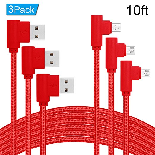 Right Angle Micro USB Cable,90 Degree Android Charger Cable,ANSEIP 3Pack USB to Micro Cable Braided Charger Cords and Data Sync for Samsung/LG/Motorola/Android Smartphones/MP3 (Red-10ft, 10FT)