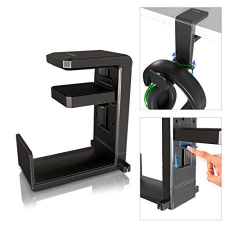 GoZheec PC Gaming Headphone Stand Holder, Under Desk Headset Headphone Hanger with Portable Spring Loaded Clamp and Adjustable 360 Rotating Arm, Built-in Double Cable Clip Organizers, Universal Fit