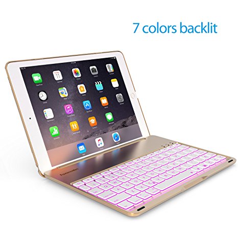 Keyboard Case for 2017 New iPad 9.7 inch & iPad Air -LED 7 Colors Backlit Bluetooth keyboard Folio Case Cover, Ultra Slim, Aluminium Alloy & 130° Rotating-Not For iPad Pro 9.7 and iPad air 2(Golden)