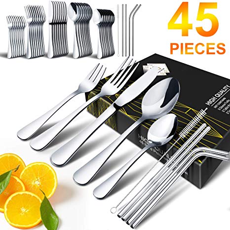 Silverware Set, HOBO 45-Piece Japan Stainless Steel Cutlery Flatware Set Knife Fork Spoon Straws Brush Utensils, Home Kitchen Hotel Restaurant Tableware Dinnerware Set Service for 8