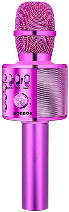 BONAOK Wireless Microphone Karaoke, Small Karaoke Mic Speaker, Rechargeable Bluetooth Mic for Partys, Karaoke Machine for Adults Kids, for iPhone/PC or All Smartphone(Purple）