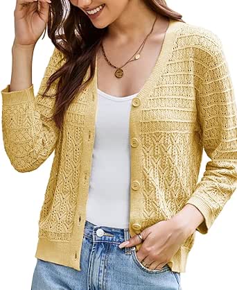 GRACE KARIN 2024 Women's 3/4 Sleeve Crochet Knit Button Down Cardigan Cropped Shrug Bolero Lightweight Sweaters Tops