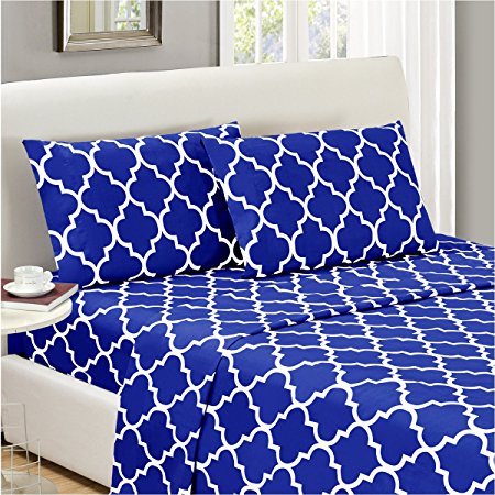 Mellanni Bed Sheet Set Full-Imperial-Blue - HIGHEST QUALITY Brushed Microfiber Printed Bedding - Deep Pocket, Wrinkle, Fade, Stain Resistant - Hypoallergenic - 4 Piece (Full, Quatrefoil Imperial Blue)