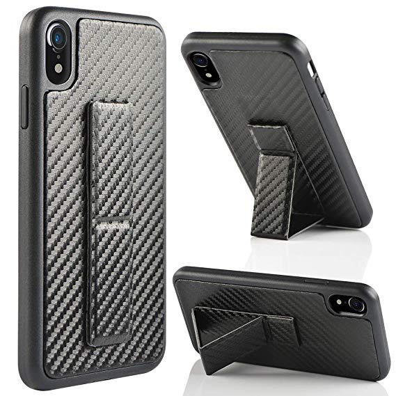 iPhone XR Case, iPhone XR Case Stand, ZVEdeng Protective Vertical Horizontal Kickstand Hand Strap Foldable Stand Carbon Fiber Texture Slim Case Cover Apple iPhone XR 6.1'' Black