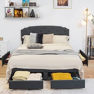 Giantex Upholstered Platform Bed Frame, Queen Size Bed w/ 4 Storage Drawers & Adjustable Button-Tufted Headboard, Solid Wooden Slat Support Easy Assembly, Noise Free, No Box Spring Needed, Grey