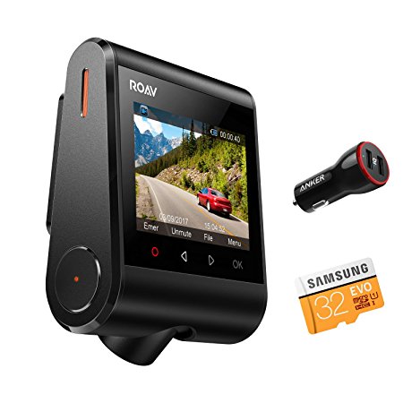 Roav by Anker Dash Cam C1, Dashboard Camera Recorder, 2.4" LCD, 1080P FHD, 4-Lane Wide-Angle View Lens, Built-In WiFi, G-Sensor, WDR, Loop Recording, Night Mode, 2-Port Charger, 32G microSD Card