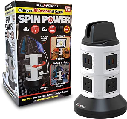 Bell and Howell Spin Power Strip Tower Surge Protector Electric Charging Station 4 Outlets 6 USB Ports with 7ft Retractable Cord Built-in Phone Holder As Seen On TV