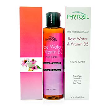 Rose Water & Vitamin B5 Toner – Softens Skin, Hydrates Dry Skin, Diminish Wrinkles, Fights Acne, Conditions & Promotes Hair Re-Growth -Certified Organic 100% Pure & Natural – Phytosil 4 OZ