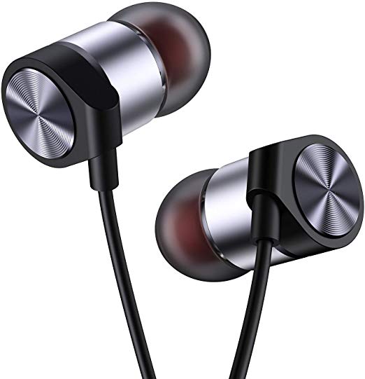 in Ear Headphones Wired Earbud with Line-in Microphone Heavy Bass Dynamic Driver Earphones with Non Tangle Fabric Braid for Running Gym Android Phones Music Player Dark Chrome E31