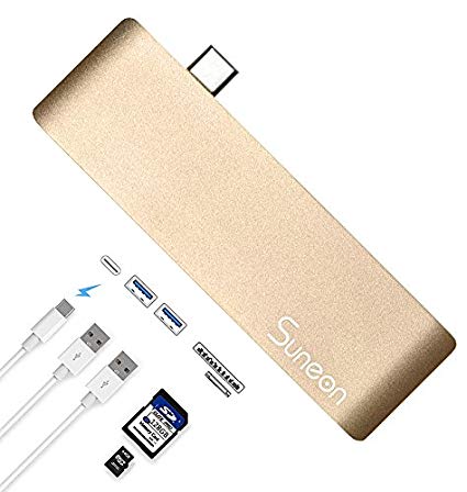 SUNEON USB C Adapter,5 in 1 Aluminum Type C Hub with 2 USB3.0 Ports,SD/Micro SD Card Reader,Type C Charger Port for 2016/2017 MacBook Pro, Micsoft 950XL,Google Chromebook and More USB C Devices(Gold)