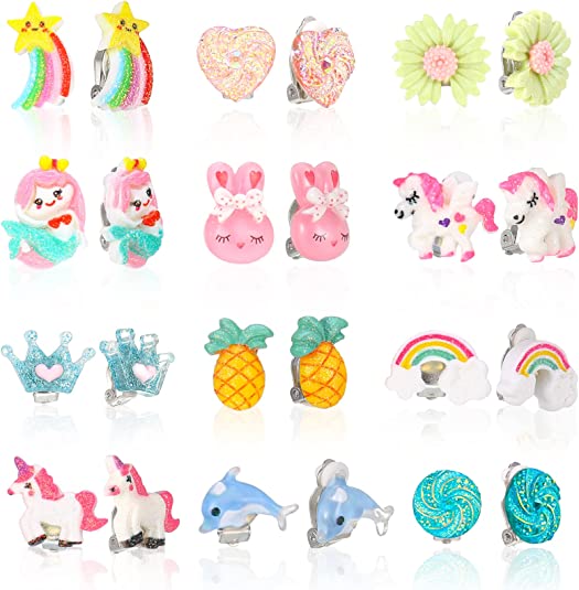 Chef Vinny 12 Pairs Clip On Earrings For Little Girls, No Pierced Design Earrings, Rainbow Earrings For Kids, Princess Clip-on Earrings, Clip On Earrings Stud Set, Dress Up Princess Jewelry Accessories Best Gift