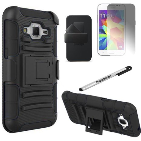 SAMSUNG GALAXY CORE PRIME CASE Phonelicious For Designed to fit the SAMSUNG GALAXY CORE PRIME VERIZON  PREVAIL LTE BOOST MOBILE Heavy Duty Rugged Impact Armor Hybrid Kickstand Dynamic Verge Case Phone Tuff Robust Cover  Premium Clear Screen Protector Combo and Phonelicious Stylus Pen Full Black Extreme