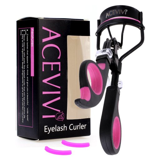 ACEVIVI Gorgeous Painless Effortless Curled Eyelashes with Pink Black Eyelash Curler for 3D Fiber Lash Mascara with Red Soft Hand Grip Included Replacement Rubber Refill