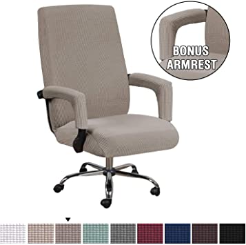 H.VERSAILTEX Durable Soft High Stretch Office Chair Cover Lycra Furniture Protector Bonus with Office Chair Arm Covers Stretchable Removable Computer Office Swivel Chair Cover, Medium, Taupe