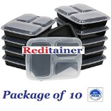 Reditainer 3-Compartment Microwave Safe Food Container with LidDivided PlateLunch Tray with Cover Black 10-Pack