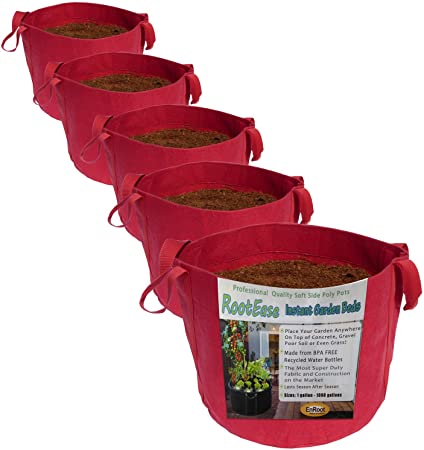 RootEase 5-Pack Garden Planting Aeration Fabric Pot, Heavy Duty Durable Grow Bags/Planter, Raised Bed Gardening, Best Air-Pruning Root Treatment Eco-Friendly Grow Bags with Handles (5 Gallon, Red)
