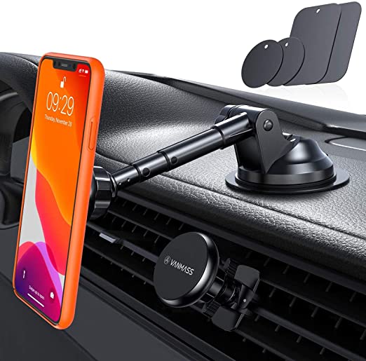VANMASS Magnetic Phone Car Mount with 6 Powerful Rare-earth Magnets, Durable Aluminium Alloy Structure, Super Sticky Suction Cup, Cell Phone Holder for Car Dashboard Windshield Air Vent, for All Phone