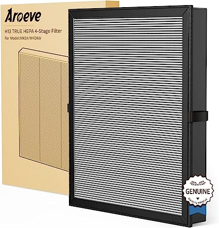 AROEVE MK04 Air Purifier Replacement Filter, Smoke Remove Material 4 -in-1 True HEPA with Activated Carbon Mix, Against Ash for Smoke, Odors, and VOCs, 1 Pack- Grey (Enhanced Smoke Removal Version)