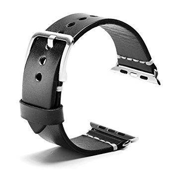 Apple Watch Band 42mm iWatch Band Strap Vintage Genuine Leather Replacement Wristband Bracelet with Metal Clasp Buckle for Apple Watch Series 1 Series 2 Sport Edition (Black)