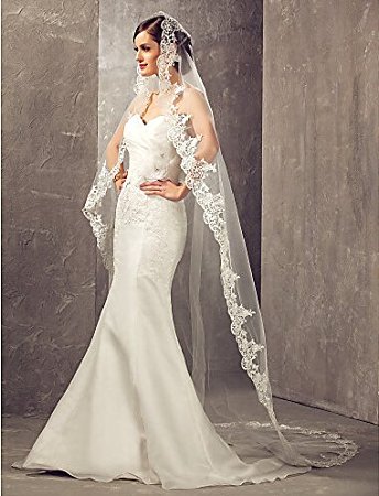 Aukmla One Tier Cathedral Wedding Bridal Veils with Lace Edge (Ivory)
